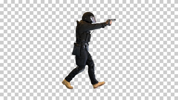 Swat agent running and aiming with a gun, Alpha Channel