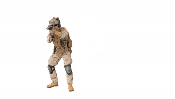 Soldier Moving From Side To Side Aiming with the Rifle on White Background