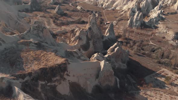 Rocks formation in Cappadocia, Turkey. Aerial tilt up