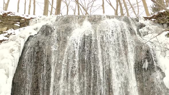 Waterfall in winter at Niagara Escarpment in Canada, Close static shot