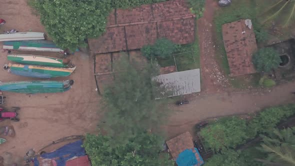 Traditional fishing village in Varkala, India. Top down aerial drone view