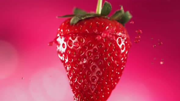 Strawberry Slice Falling and Splashing on Pink Background