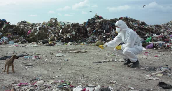 Virologist in Special Clothing Calling Homeless Puppy Near a Huge Landfill