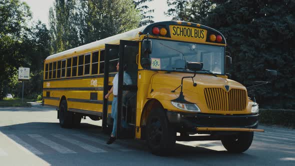 Man Driver Coming Out Schoolbus Cabin