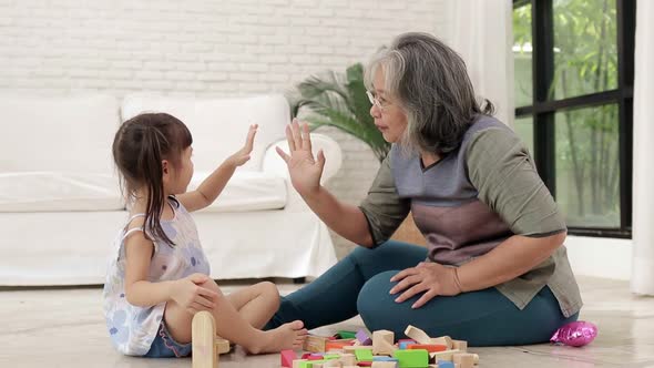 Elderly grandmother with Asian granddaughter Play wooden toys together in the living room