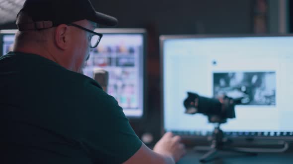 Adult Man In Glasses With Borodai Leads A Live Stream