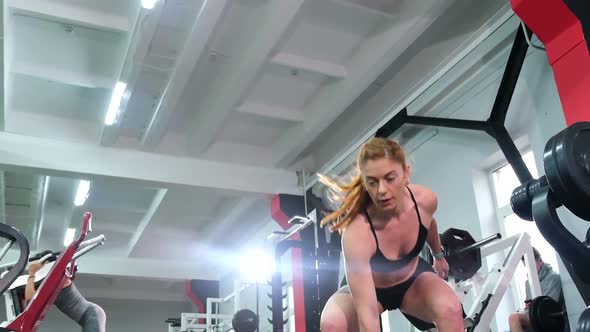 Fitness a Muscular Female Athlete Trains in the Gym with Heavy Dumbbells