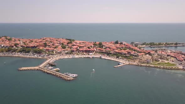 Aerial view of the ancient town of Nessebar located by the Black Sea coast in Bulgaria.