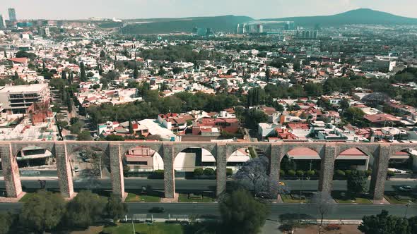 Laterial view of Queretaro Arches in Mexico seen from a Drone