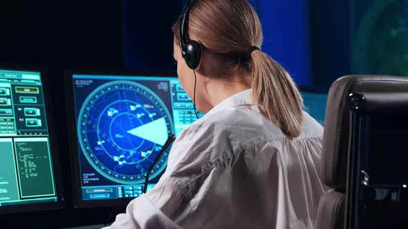 Workplace of the professional air traffic controller in the control tower.