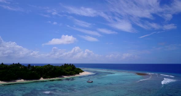 Tropical birds eye island view of a sandy white paradise beach and blue ocean background in hi res 4