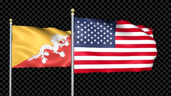 Bhutan And United States Two Countries Flags Waving