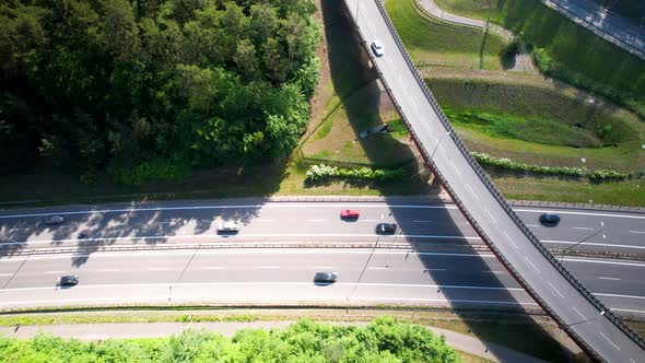 Top down aerial over highway road with flyover in the middle of a forest with tall green trees, cars