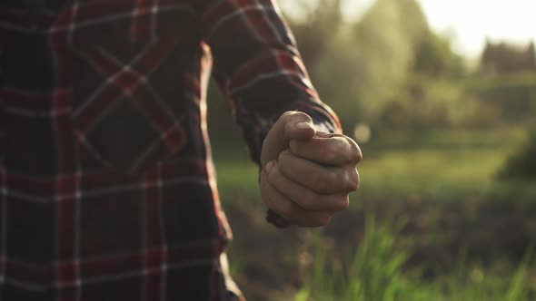 The Hand Of The Farmer Throws The Soil Flying Dust, The Farmer Stands On The Plantation And Throws