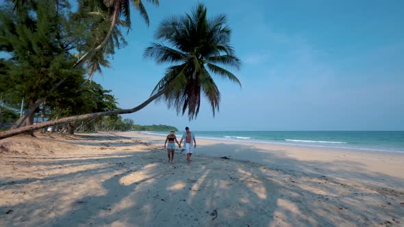 Couple on Vacation in Thailand Chumpon Province White Tropical Beach with Palm Trees Wua Laen Beach