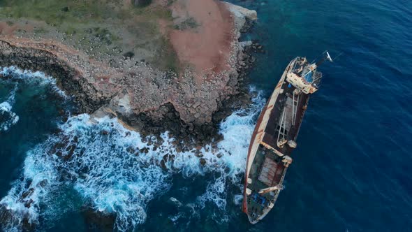 Abandoned Ship Stranded on Shores of Mediterranean Sea, View From Above