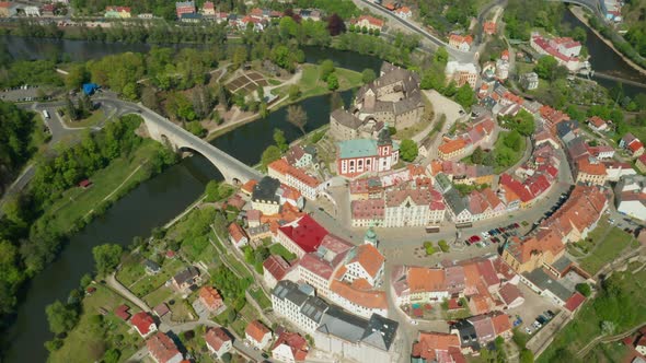 Aerial View of Loket Castle, Surrounded By River Ohri, Czech Republic