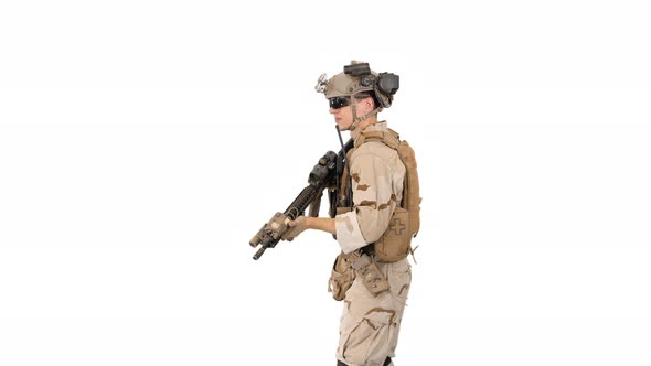 Soldier Aiming with an Assault Rifle on White Background
