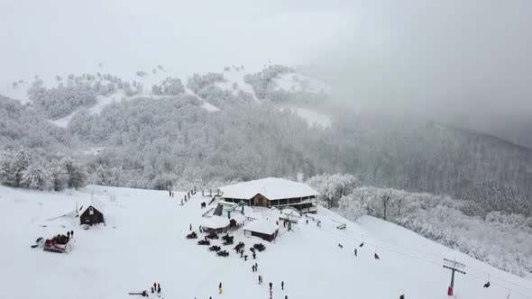 Top View of the Top of the Mountain Where Vacationers Gather To Go Down the Slope on Skis or