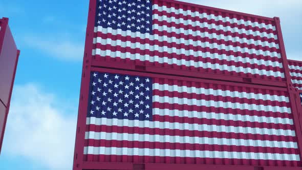 USA Flag Containers are Located at the Container Terminal