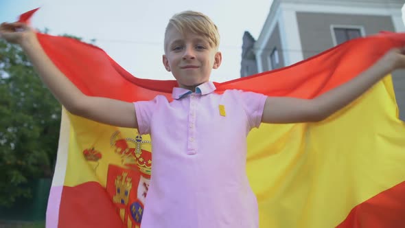 Spanish Football Fan Waving National Flag, Cheering Team Outside, Championship