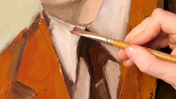 View of Painter`s Work, Brown Jacket, Tie and White Shirt of Man, Close Up