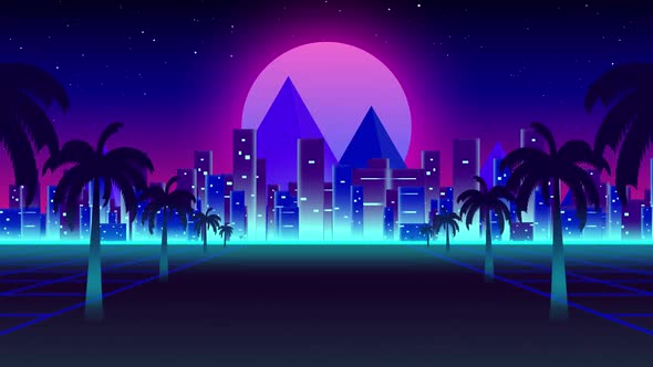Animation of road with blue and pink sky at night