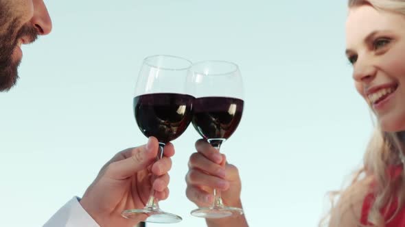 Smiling romantic couple toasting wine glasses