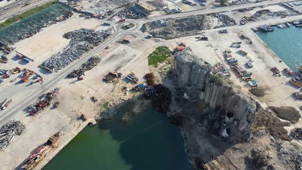 A drone aerial shot showing Port of Beirut explosion site