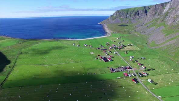 Aerial view of Village Unstad on Lofoten, Norway