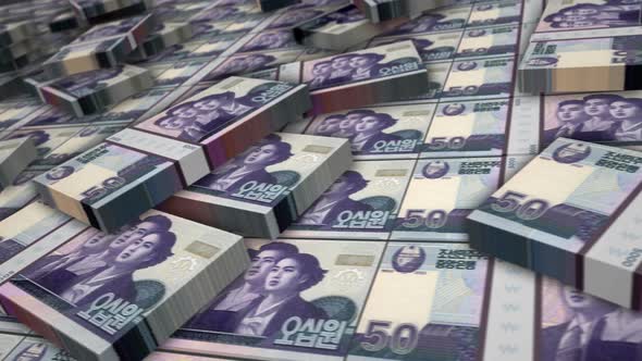 North Korea Won money banknote pack growth up loop