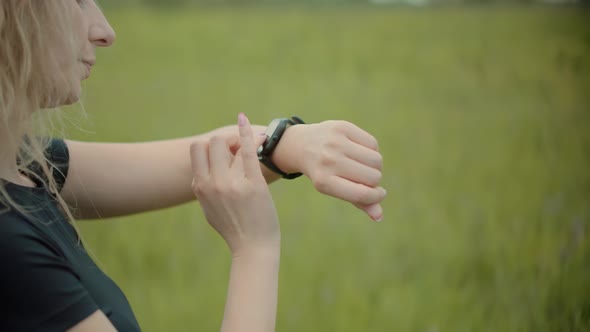 Heart Rate Smart Watch. Runner Checking Pulse On Smartwatch On Recreation Running Workout.