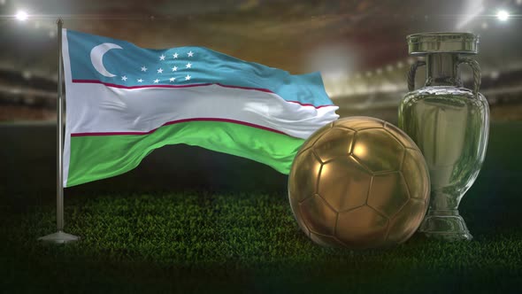 Uzbekistan Flag With Football And Cup Background Loop 4K