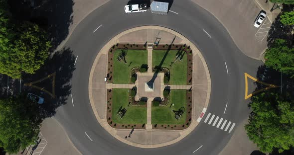 Franklin, Tennessee downtown public square with cars moving with drone video above.