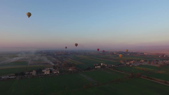 Hot air balloons flying over the fields in Luxor at sunrise