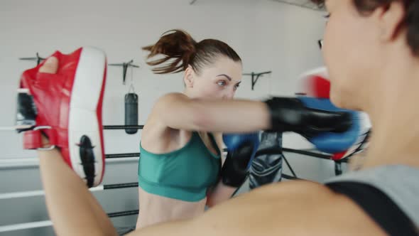 Aggressive Young Woman Boxer Training with Female Partner Punching Indoors in Gym