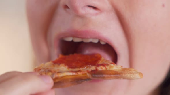 Close-up Woman Eating Pizza, Fast Food Eating