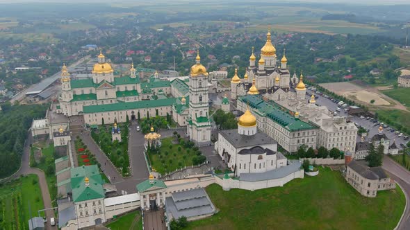 Aerial View of Pochaev Monastery Orthodox Church Pochayiv Lavra at Day Ukraine