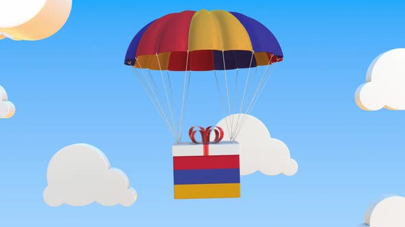 Box with National Flag of Armenia Falls with a Parachute