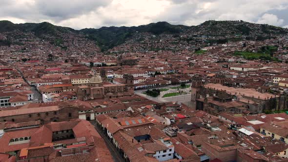 Cusco Cityscape Of Historic Center With Plaza de Armas In Peru - aerial drone shot
