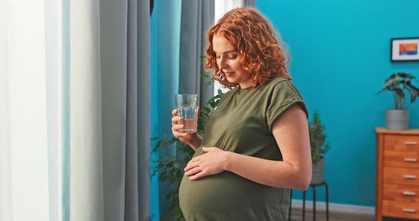 Girl in Pregnant Stands Next to Living Room Window Holding a Glass of Water