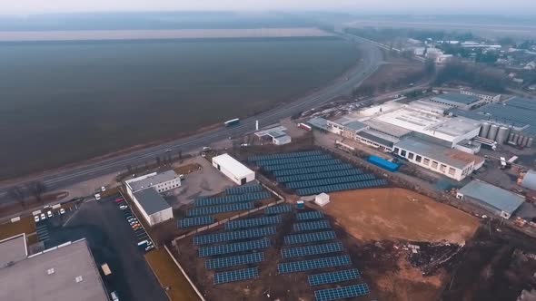 Aerial view of solar power plant. Landscape of solar cell farm power plant