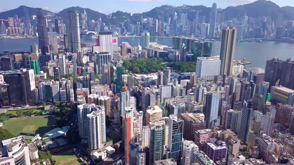 Drone fly over the Hong Kong urban city