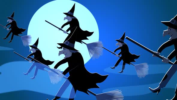 Mysterious witches in hats and black clothes are flying on the broomsticks.