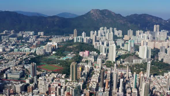 Drone fly over Hong Kong city