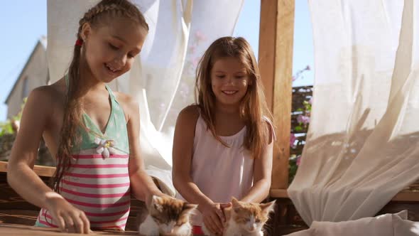 Two Young Caucasian Girls Stroking Two Ginger Kittens Outdoors Smiling Talking Laughing in