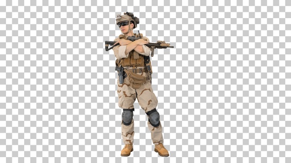 Tired american soldier with a rifle standing, Alpha Channel