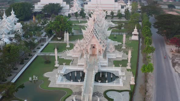 Aerial View of Wat Rong Khun the White Temple at Sunrise in Chiang Rai Thailand alt