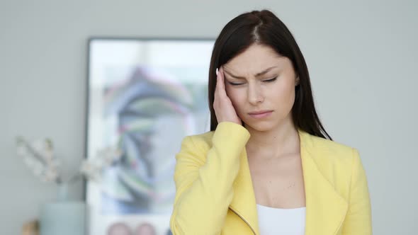 Headache, Portrait of Tense Woman in Office