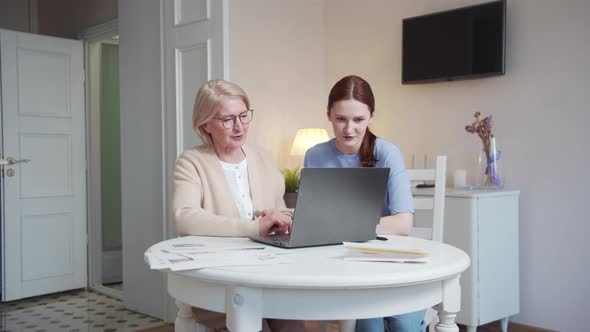 A Retired Woman with Glasses and a Young Woman Work Together on a Laptop Communicate and Consult